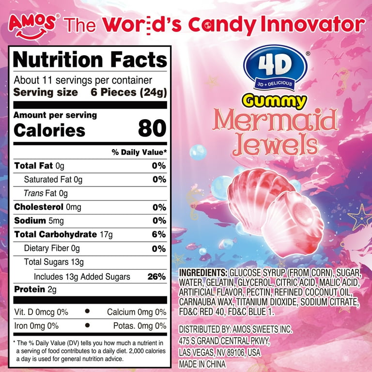 AMOS 4D Gummy Candy Mermaid Jewels, Jelly-Filled Berry Seashells