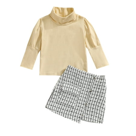 

Sunisery Autumn Kids Baby Girls Long Sleeve Turtleneck Pullover Tops Plaid A-line Skirt 2PCS Clothing Sets Apricot White 12-18 Months