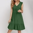 thumbnail image 2 of Pleated Party Dresses for Curvy Women Sleeveless Ruffle Tiered Layered Knee Length 2025 Midi Dresses V Neck Cotton Linen Evening Gauze Dresses Dark Green XXL, 2 of 6
