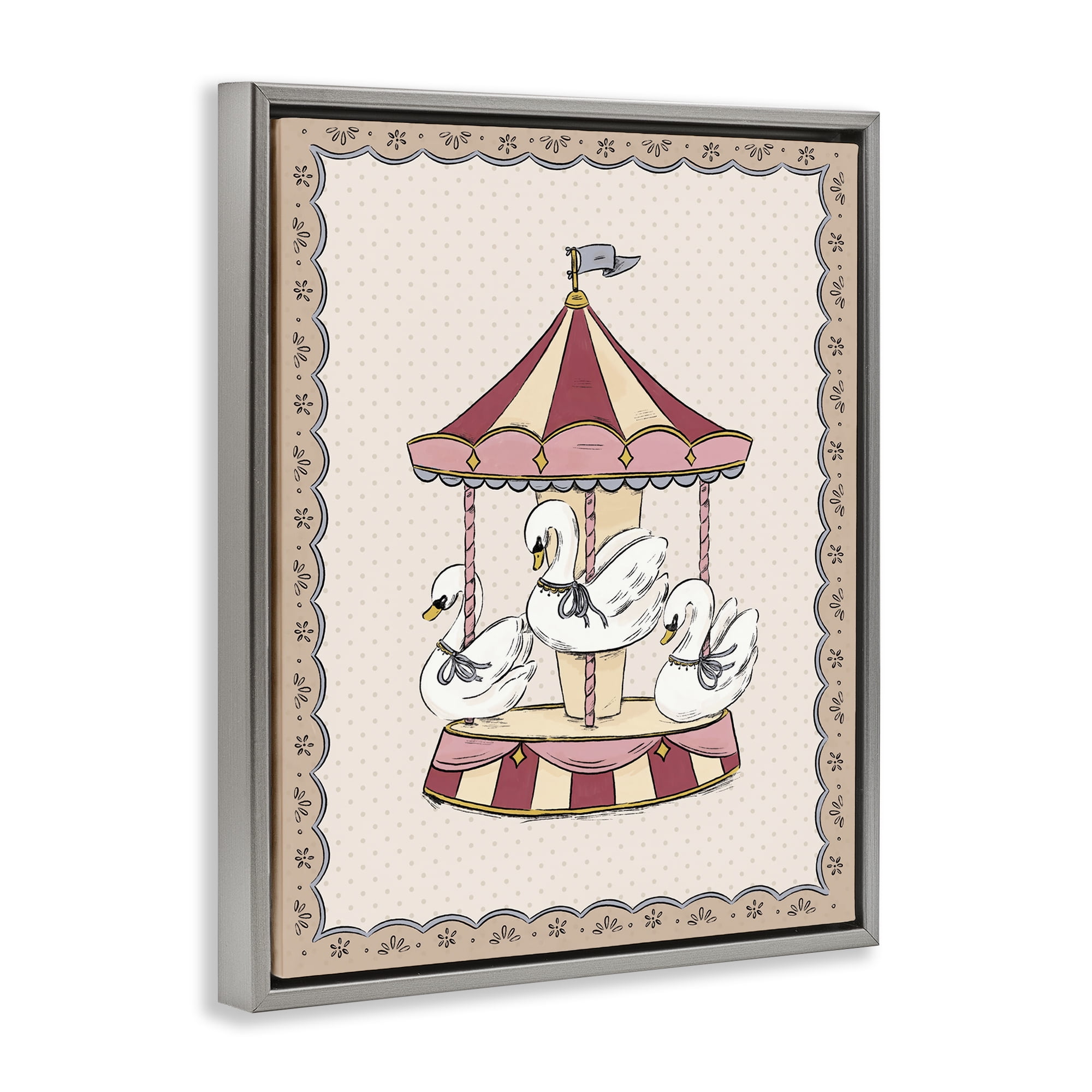 Stupell Industries Vintage Swan Carousel Animals Painting Gray Floater Framed Canvas Art Print Wall Art, 17 x 21