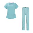 thumbnail image 4 of Conjuntos de uniforme médico para mujer, uniforme de enfermera de verano, manga corta, top y pantalones suaves. Azul claro grande, 4 of 9