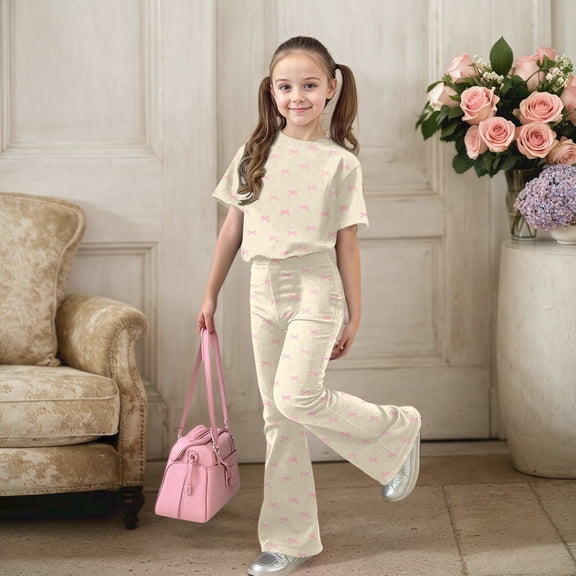 ZHOGXU Big Kids Girls Outfit Bow Printed Short Sleeve Round Neck Top And Flare Pants Two Piece Comfortable Fashion Sets For Daily Wear Beige 9-10 Years