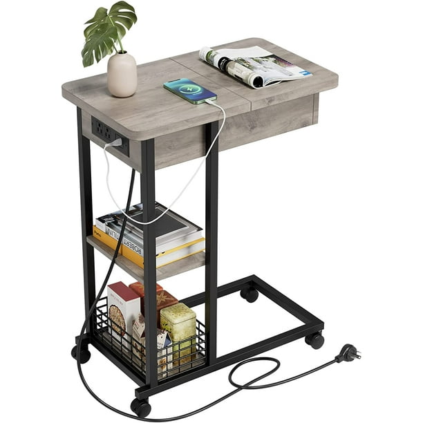 IDEALHOUSE C Shaped Grey Side Table with Charging Station, Flip Top