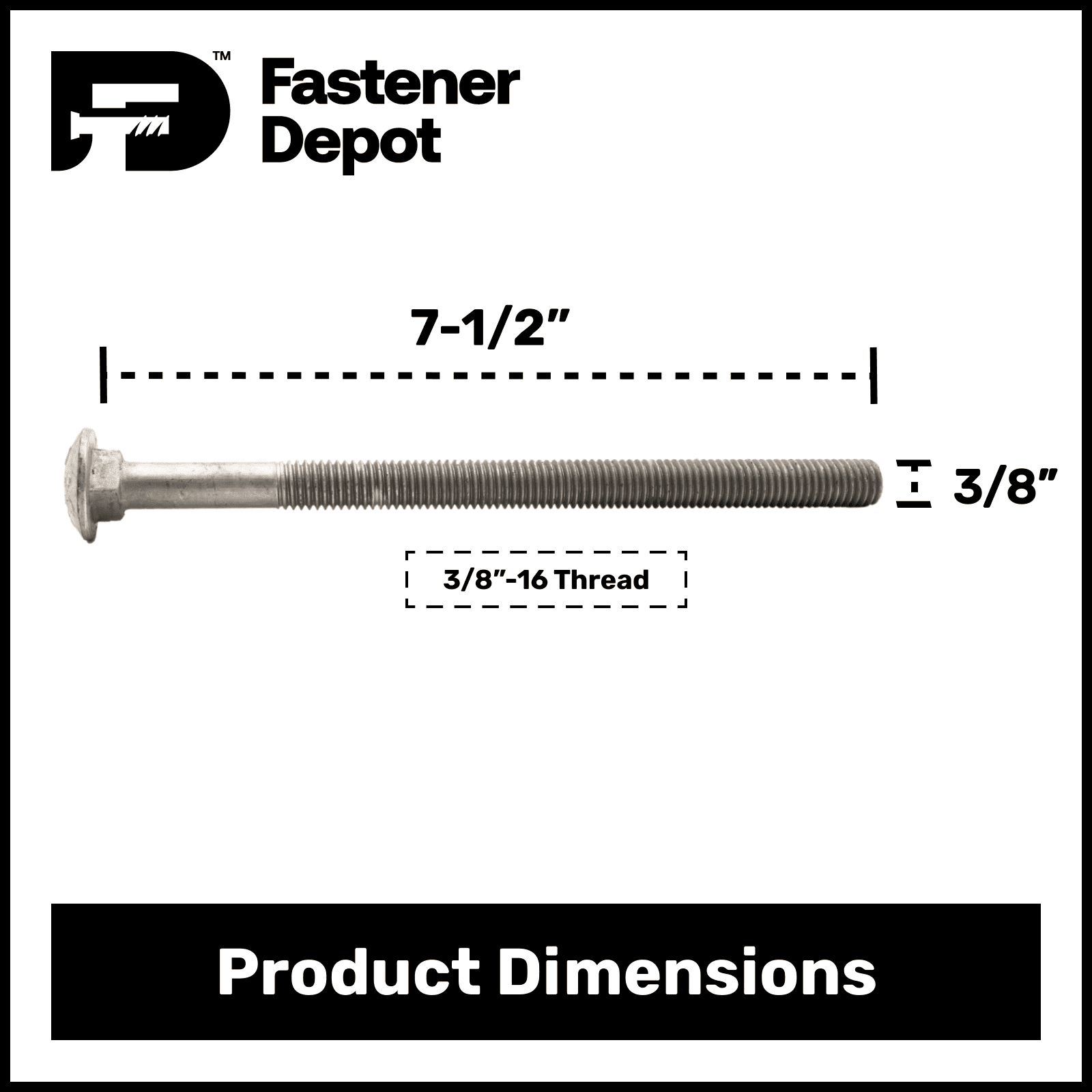 3/8"-16 x 7-1/2" Hot Dipped Galvanized Carriage Bolt w/Nuts & Flat Washers, Quantity 25 - by Fastener Depot, LLC