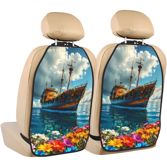 Xecao Floral Ship On Ocean Pattern Car Seat Back Protector 2 Pack Large Capacity Pocket, Kick Mats Back Seat Protector