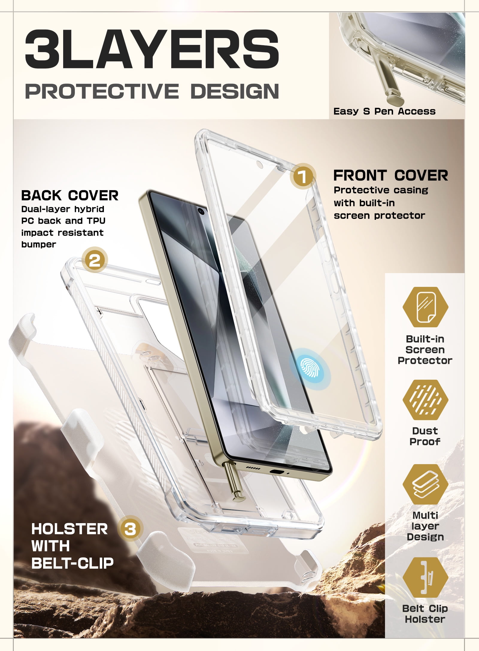 SUPCASE for Samsung Galaxy S25 Ultra Case with Stand, [Unicorn Beetle Pro] [2 Front Frames] [Built-in Screen Protector & Belt-Clip] Military-Grade Protection Phone Case for Galaxy S25 Ultra, Clear