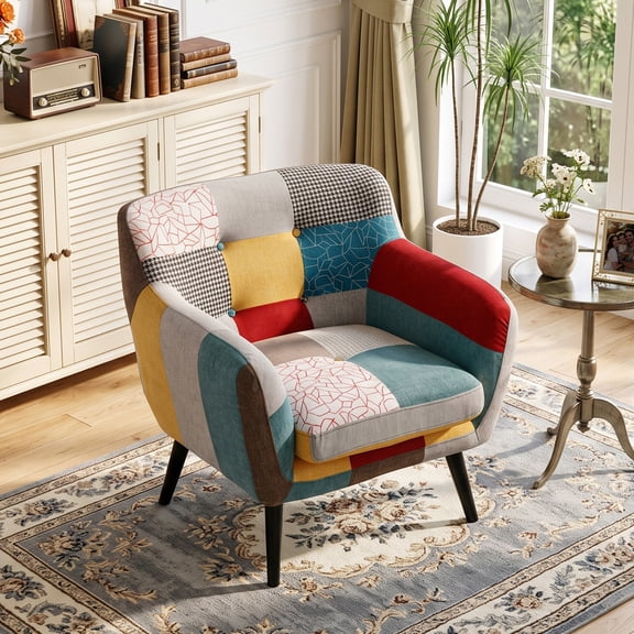 Bonzy Home Mid-Century Modern Patchwork Accent Chair, Multicolor Patchwork Upholstered Single Sofa Chair with Solid Wood Legs, for Living Room Bedroom Office and Study