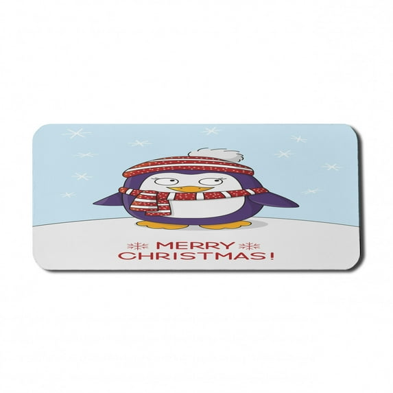 Christmas Computer Mouse Pad, Whimsical Penguin with Warm Toned Scarf on a Snow Dune Colorful Nursery, Rectangle Non-Slip Rubber Mousepad X-Large, 35" x 15", Baby Blue and Quartz, by Ambesonne