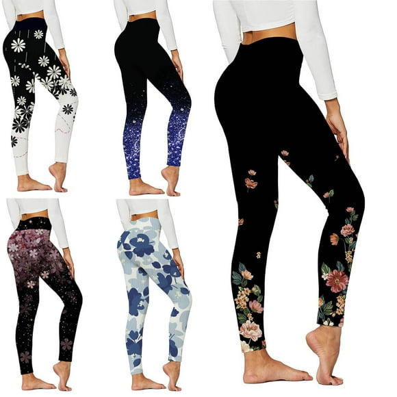 Htigea Womens Yoga Leggings Fashion Floral Printed Trousers High Waist Tights Compression Workout Running Gym Pants Full Length Bottoms White,S