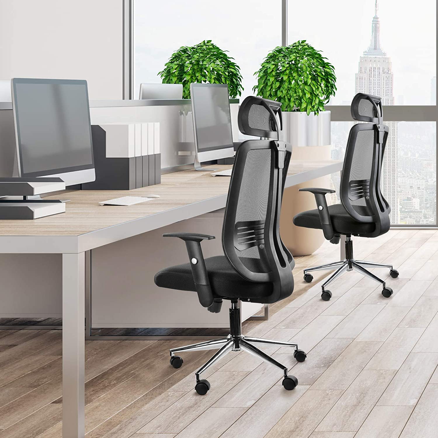 NewGen Ergonomic High Back Office Chair with Adjustable Arms, Headrest Support, S-Shaped Back, 3.2" Thicker Cushion, Back Tilt, Breathable Mesh, Durable Casters for Smooth Mobility. Stylish Black