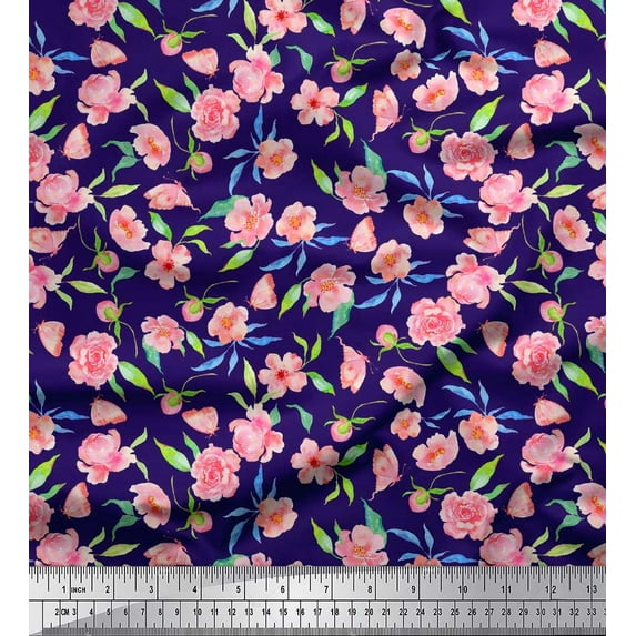 Soimoi Blue Silk Fabric Leaves,Insect & Floral Watercolor Fabric Prints by Yard 42 Inch Wide