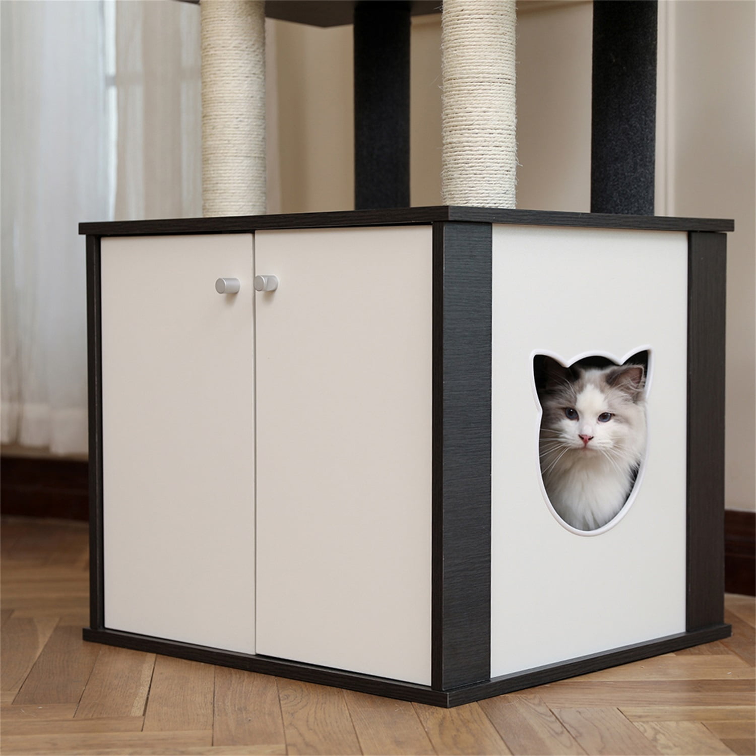 Pefilos 59" Wood Cat Tower Modern Cat Tree with Storage Cabinet Litter Box Enclosure and Cat Condo, Gray Pefilos 59" Wood Cat Tower Modern Cat Tree with Storage Cabinet Litter Box Enclosure and Cat Condo, Gray