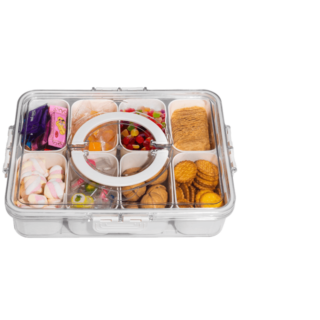 WJCA Ribbed Snack Box with Lid & Handle, 8-Section Portable Serving Tray, for Charcuterie Veggies Travel Beach, 1-Pack