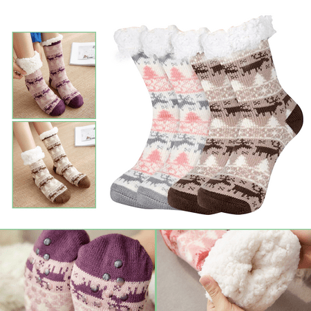 Slipper Socks, Winter Ladies Non Slip Fleece Lined Slipper Socks, Soft Cozy Cotton Knitted Sock for Women Girls Christmas Gift, Brown/1Pair