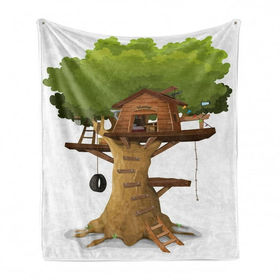 Tree House Soft Flannel Fleece Throw Blanket, Cartoon Illustration of Children Fun and Hobby Home on Branches with Objects, Cozy Plush for Indoor and Outdoor Use, 50" x 70", Multicolor, by Ambesonne