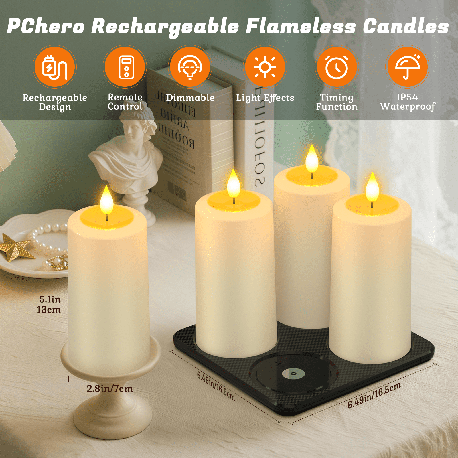 PChero 4Pack Rechargeable Flameless Candles with Remote Timer, Flickering LED Pillar Candle with Magnetic Charging Base, Battery Electric Fake Candles for Home Decor Halloween Christmas, Ivory