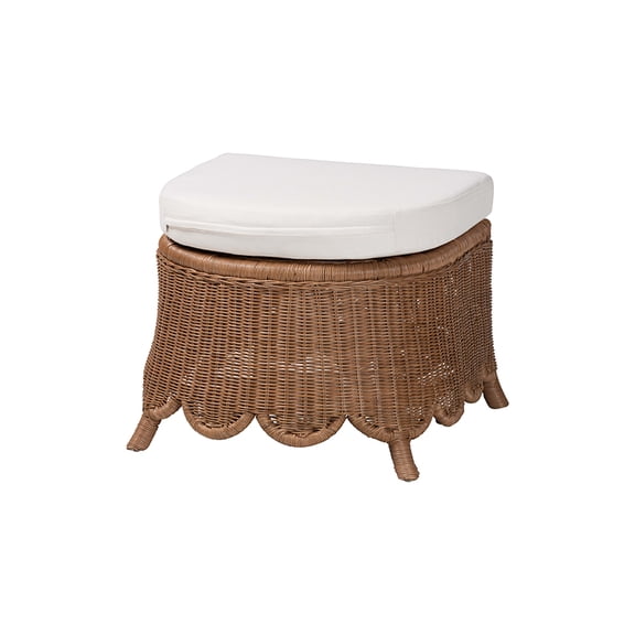bali & pari Detta Natural Rattan Footstool with Cushion - Handwoven Wicker Ottoman with Scalloped Skirt Base for Coastal Lounge or Sunroom Seating