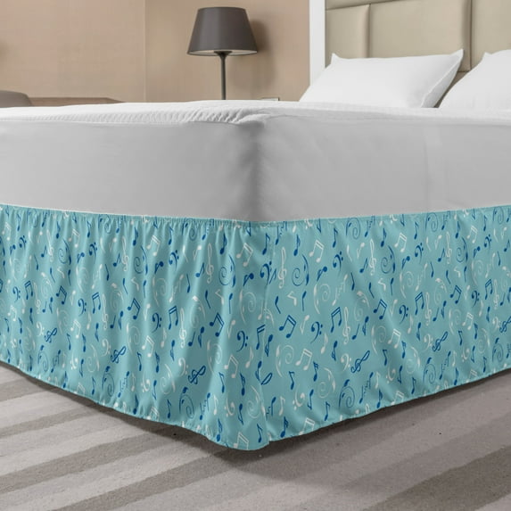 Music Note Bed Skirt, Vintage Doodle Style Floating Around Swirls and Waves, Elastic Bedskirt Dust Ruffle Wrap Around for Bedding Decor, 4 Sizes, Pale Blue Cobalt Blue, by Ambesonne