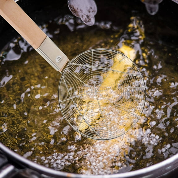 HOOWIFFY Stainless Steel Spider Strainer with Wooden Handle, Large Skimmer Ladle for Frying, Boiling, and Pasta Cooking