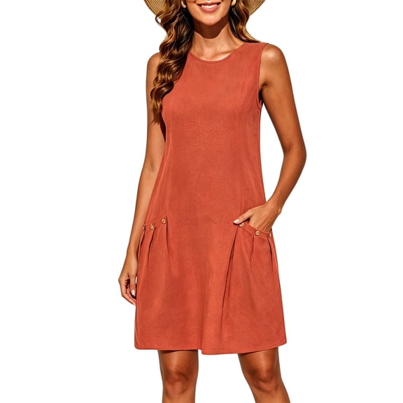 Levmjia Women's Sleeveless Dress Casual Solid Color Round Neck A Line Dress with Pockets Button Detail Loose Fit Shift Dress for Women Daily Summer Vacation