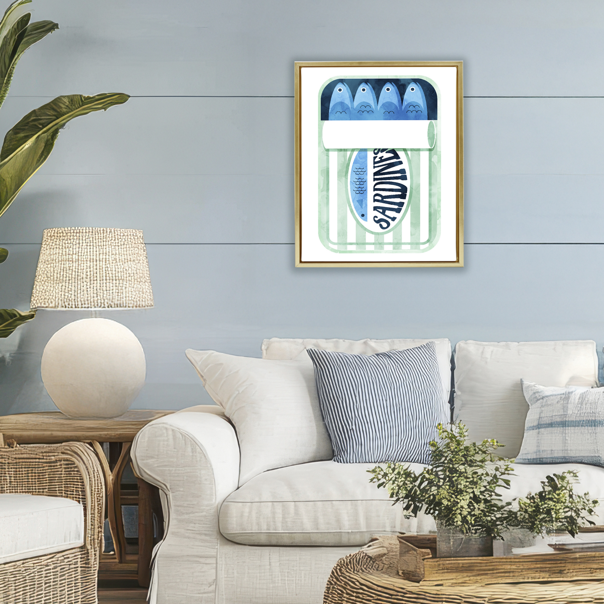 Green Stripe Sardine Tin Gold Framed Floater Canvas Wall Art, design by Daphne Polselli