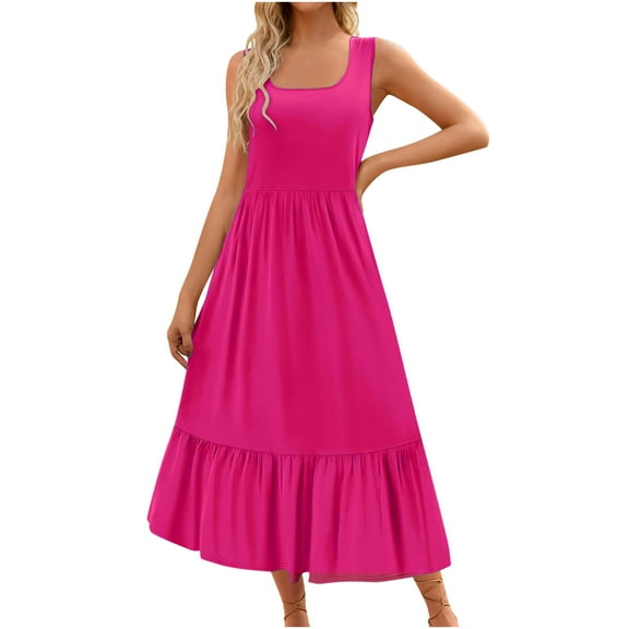 Summer Plus Size Dresses for Womens 2026 Fashion Solid Color Sleeveless Round Neck Pleated Dresses Mini Dress