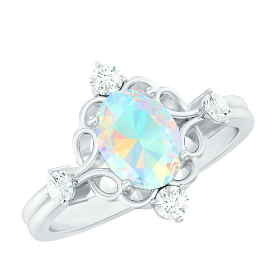 Rosec Jewels Vintage Style Ethiopian Opal Engagement Ring - 6X8 mm Oval - AAA Quality - Opal Diamond Ring - with Jewelry Box, 925 Sterling Silver, US 4.00