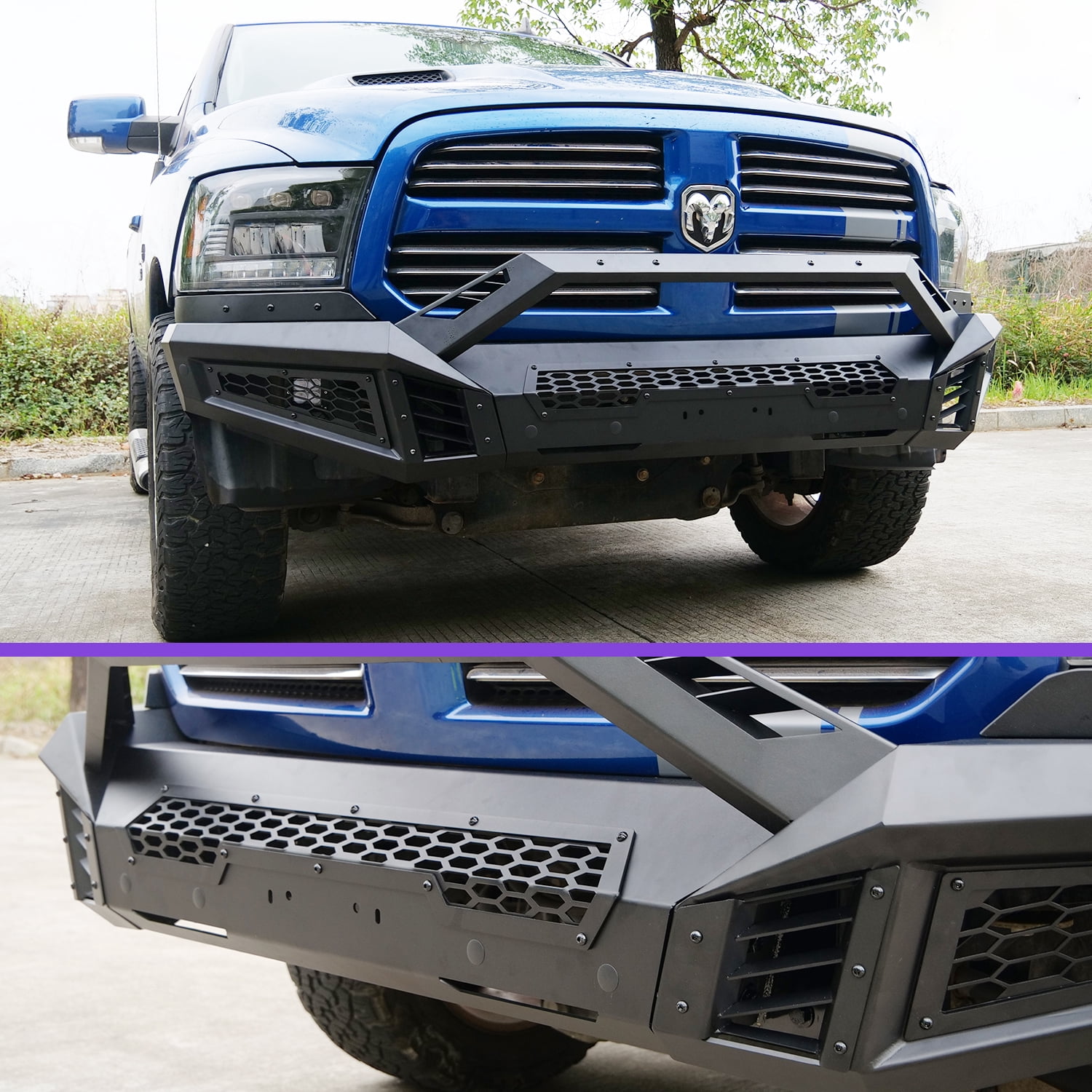 Front Bumper for 2013-2018 Dodge RAM 1500 Pickup Truck(w/o Rebel)2019-2024 Ram 1500 Classic(w/o Warlock),Paintable Bumper w/Bull Bar,LED Pod Light & Light Bar Bracket