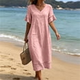 thumbnail image 2 of Admvng Womens Casual Dress Short Sleeve Pockets V Neck Flowy Summer Linen Dress, 2 of 9