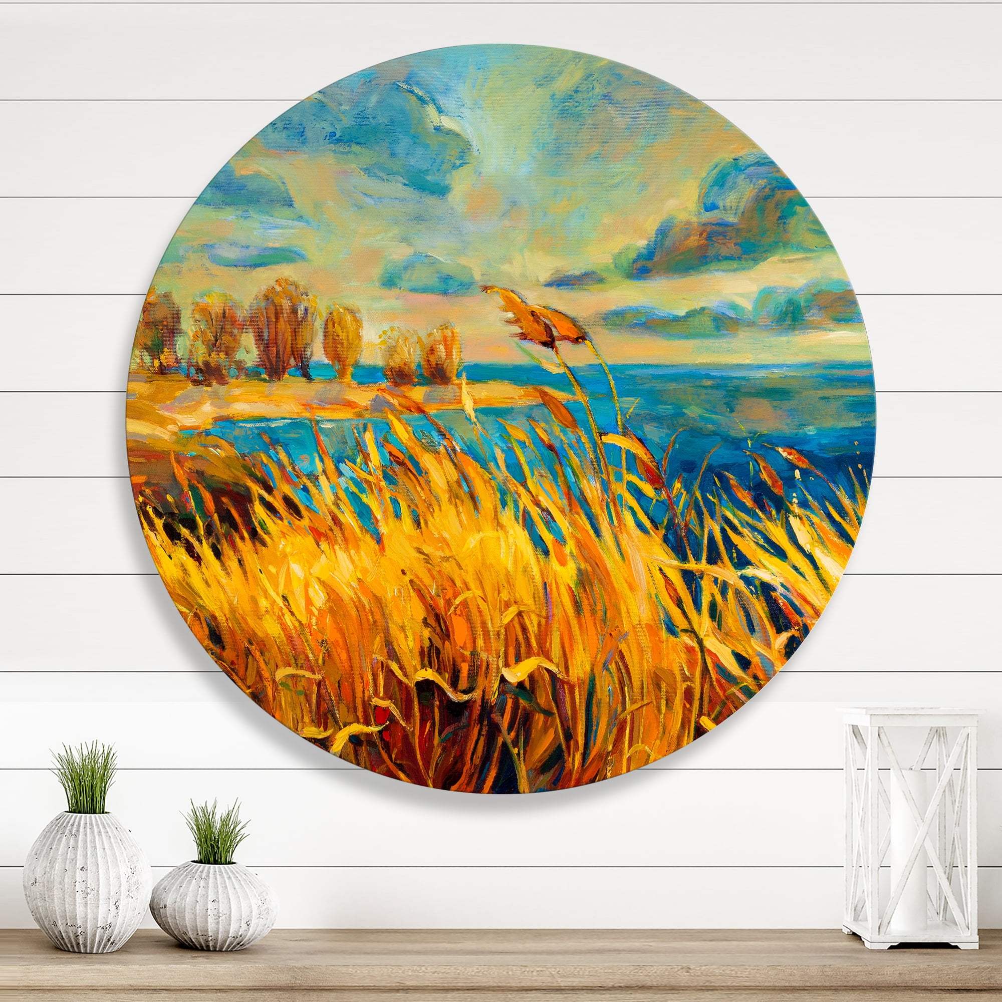 Designart 'Sunset Over Vibrant Lake' Nautical & Coastal Circle Metal Wall Art 23x23 - Disc of 23