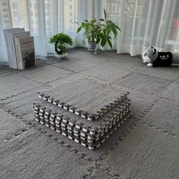 Interlocking Carpet Shaggy Soft EVA Foam Mats Fluffy Square Thickened Plush Tiles Protective Floor Tiles Exercise Play Mat for Children Kids Room Home Parlor Bedroom (Grey, 12 Pcs)
