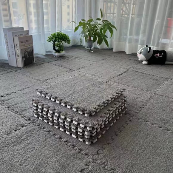 Tapis Emboîtables Shaggy Doux en Mousse EVA, Tuiles Moelleuses Carrées Épaissies en Peluche, Dalles de Sol Protectrices, Tapis d'Exercice et de Jeu pour Enfants, Chambre d'Enfant, Salon, Chambre à Coucher (Gris, 12 Pcs)