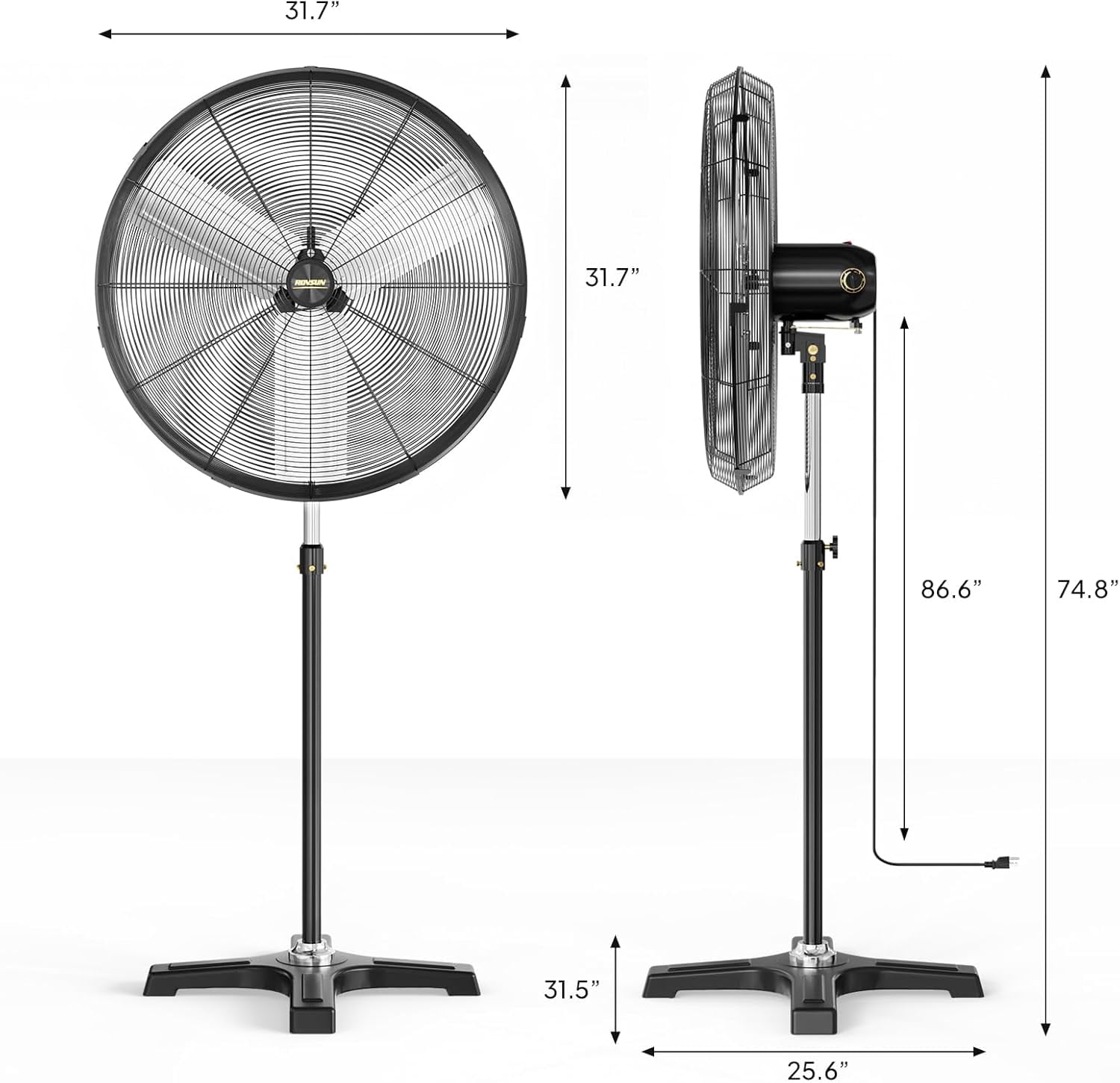 VINGLI 30 Inch Industrial Standing Fan, 8600CFM High Velocity Pedestal Fan, Heavy Duty Metal Fan with One-touch Oscillating Function, Adjustable Height