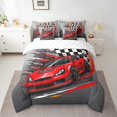 thumbnail image 2 of Ensemble de Couette Simple Voiture de Course, 7 Pcs Couettes Rouges Voiture de Sport Lit Simple en Sac pour Chambre, Ensemble de Literie à Carreaux Géométriques avec Couette, Draps, Taies d'Oreiller et Taies d'Oreiller, 2 of 5
