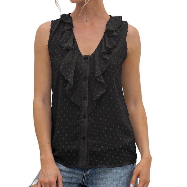 Camisas de lunares de encaje sin mangas con cuello en V para mujer Blusas Tops elegantes vintage Pompotops lopia997184