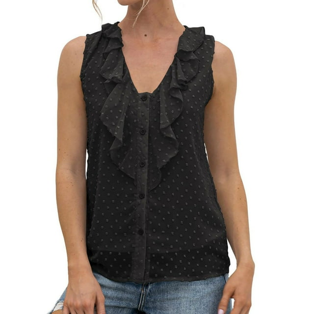 Dealovy Tank Tops for Women V Neck Ruffle Sleeveless Shirts Solid Color Blouses Vintage Elegant Tops