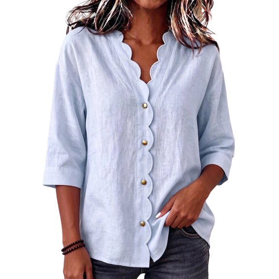 longantii Linen Shirts for Women Basic 3/4 Sleeve Vneck T-Shirts Lightweight Solid Color Pullover Button Up Daily Wear for All Season Blue XL