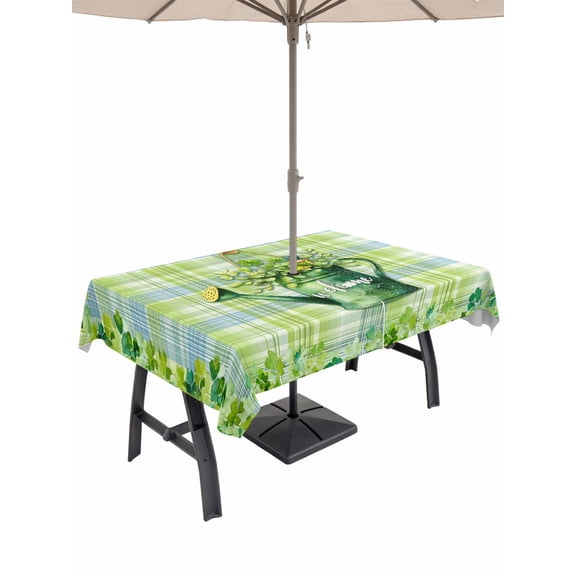 St. Patrick's Day Outdoor Tablecloth - 60x84 Inch Rectangle Dining Table Cover, Green Shamrock Watering Can Leaf Plaid Waterproof Outdoor Table Cloth with Umbrella Hole & Zipper for Picnic/Patio