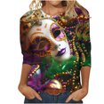 thumbnail image 2 of Jsaierl Mardi Gras Shirts for Women 3/4 Sleeve Mask Graphic Blouse Carnival Themed Tees Party 3D Print Tops Funny Gifts Parade Tshirt, 2 of 5