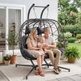 thumbnail image 3 of RADIATA Double Egg Chair with Stand, 2 Person Egg Chair Outdoor Swing for Patio Garden, Handwoven Wicker Swing Egg Chair with 5-Inch Thick Cushion, 670lbs Capacity, Charcoal Grey, 3 of 9
