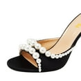 thumbnail image 3 of FSJ Women Trendy Beaded Studded Round Open Toe Backless Mules Chic Pearl High Heels Sandals Fashion Summer Slide Shoes Size 15 Black, 3 of 5