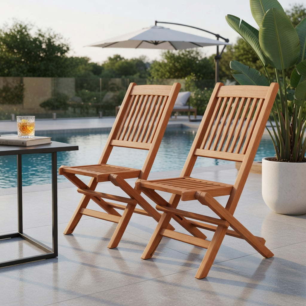 Hommoo Indonesia Teak Wood Folding Patio Dining Chair, Slatted Seat, Lightweight 10 lb Outdoor Chair for Backyard, Poolside & Camping, Natural