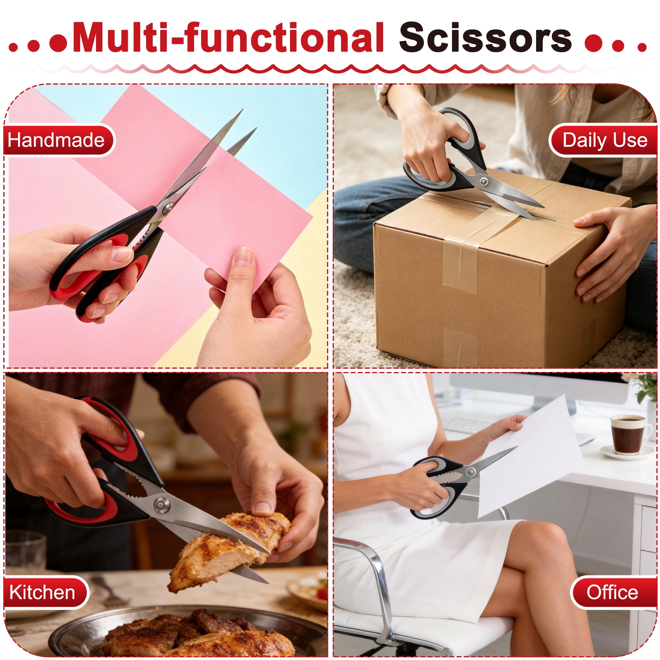 2 Pack Multi-Purpose Kitchen Scissors, Stainless Steel Heavy Duty Kitchen Cooking Shears with Bottle Opener, Soft Grip Food Prep Scissors for Food, Vegetables, Poultry, Herbs