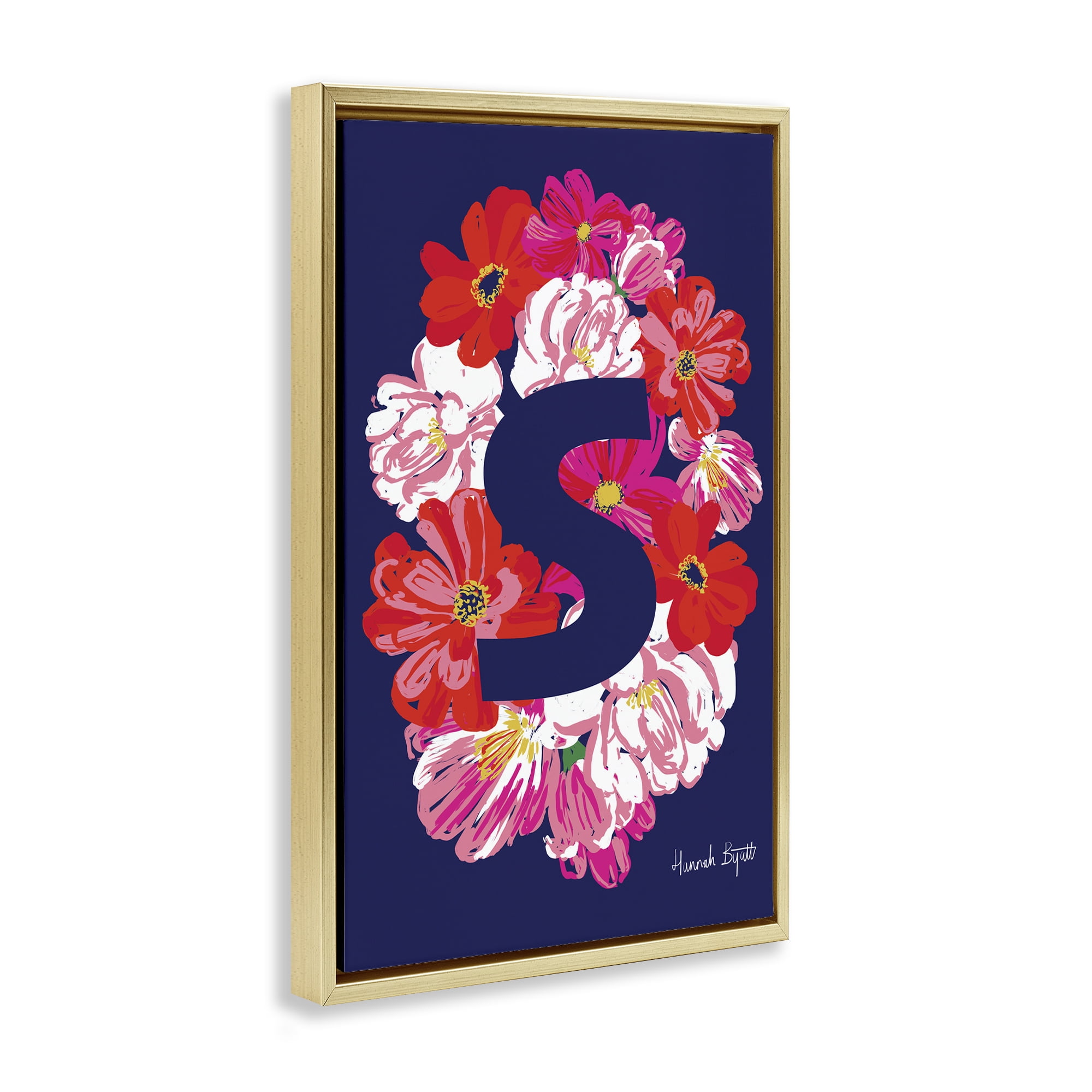 Stupell Industries Floral Bloom Letter S Botanical & Floral Painting Gold Floater Framed Art Print Wall Art, 21 x 31