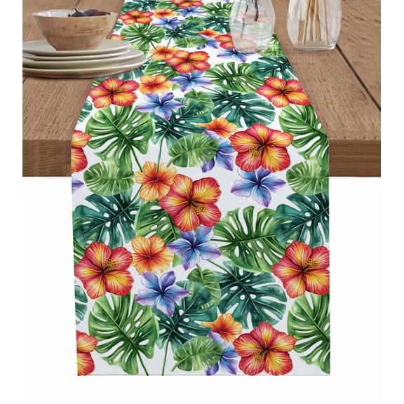 Hokiten Table Runners 120 Inches Long Dress Scarves, Tropical Botanical Farmhouse Coffee/Dining/Kitchen Table Runner for Living Room, Summer Watercolor Leaves Floral 13x120 Inch