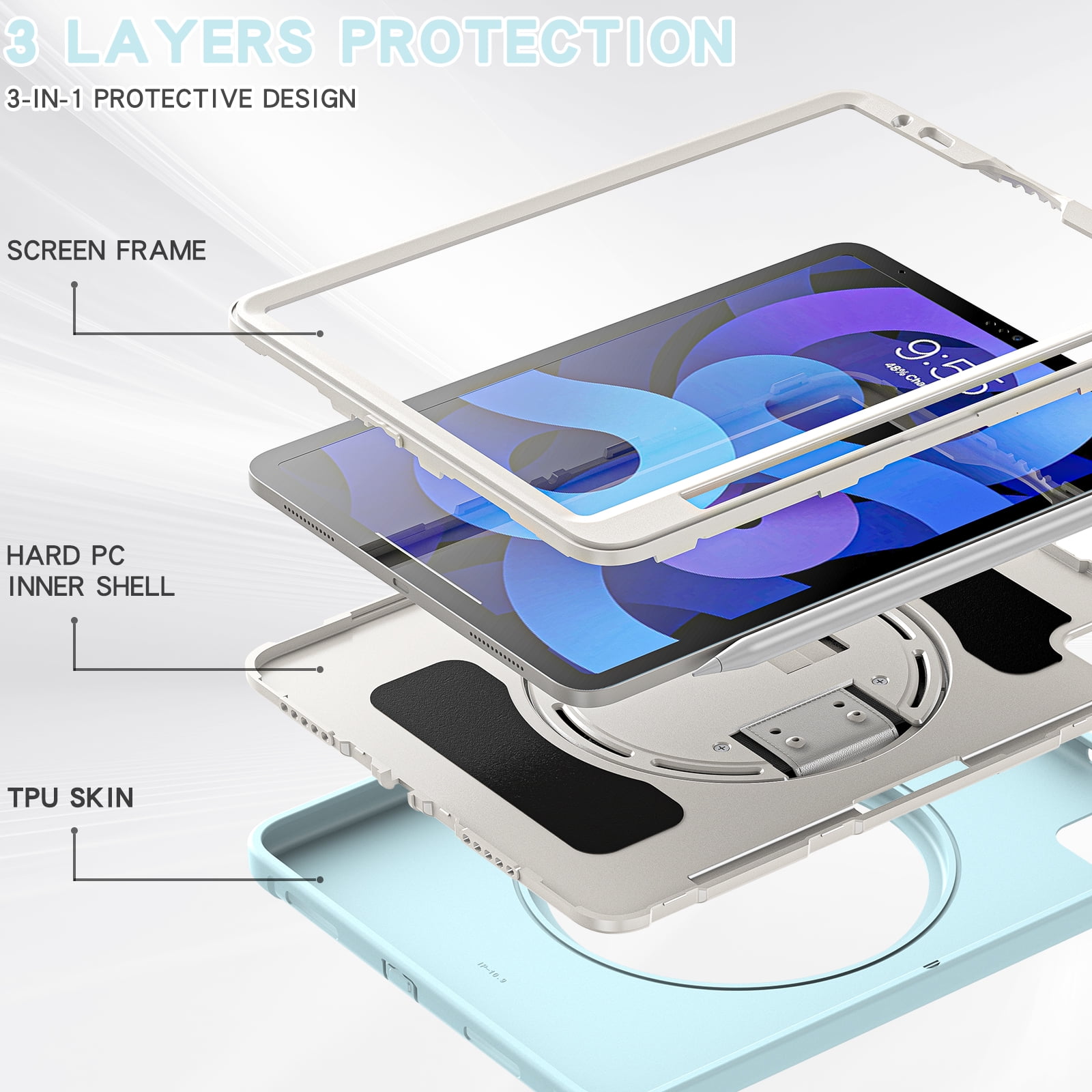 For iPad Air 11 Inch 2026/2025/2024 Case with Pencil Holder, Military Grade Shockproof Kickstand Handle Strap Anti-Scratch Kids Friendly Bumper Tablet Case Cover for Apple iPad Air 11" M4 M3 M2