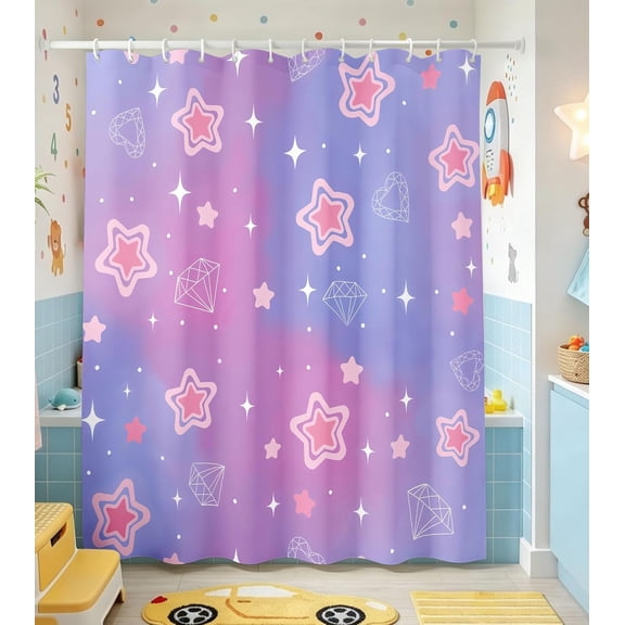 Purple And Pink Star Shower Curtain Kids Girls Bathroom Decor With Diamond Pattern Waterproof Fabric 71x71 Inches