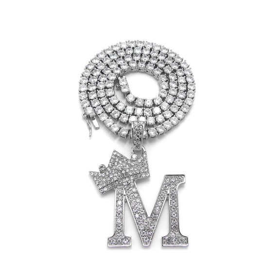 iJewelry2 Kings and Queens Crowned Initial Letter M Pendant Silver-tone CZ Tennis Chain Necklace 18''