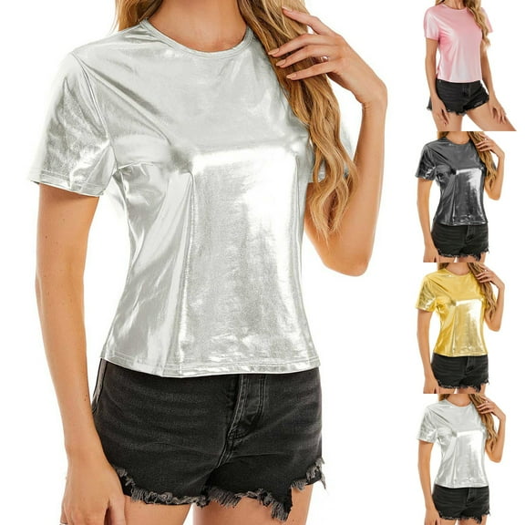 Womens Metallic Finish Tee Round Neck Loose Fit Spring Summer Casual Shiny Top