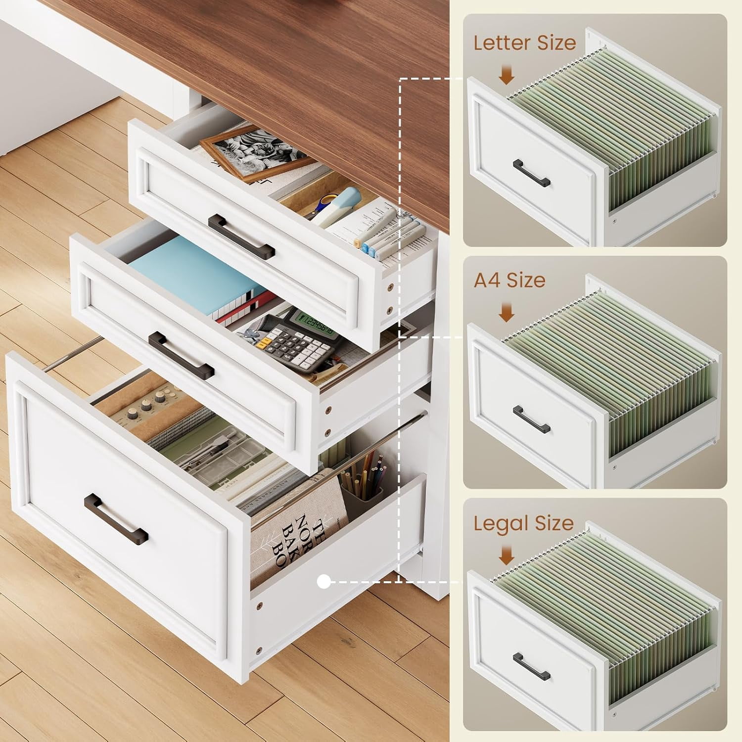 SEDETA Farmhouse Standing Desk with Storage, L Shaped Standing Desk with Power Outlets, Height Adjustable Two Person Desk with Drawers & Cabinet, Large Home Office Desk with Open Shelves, White